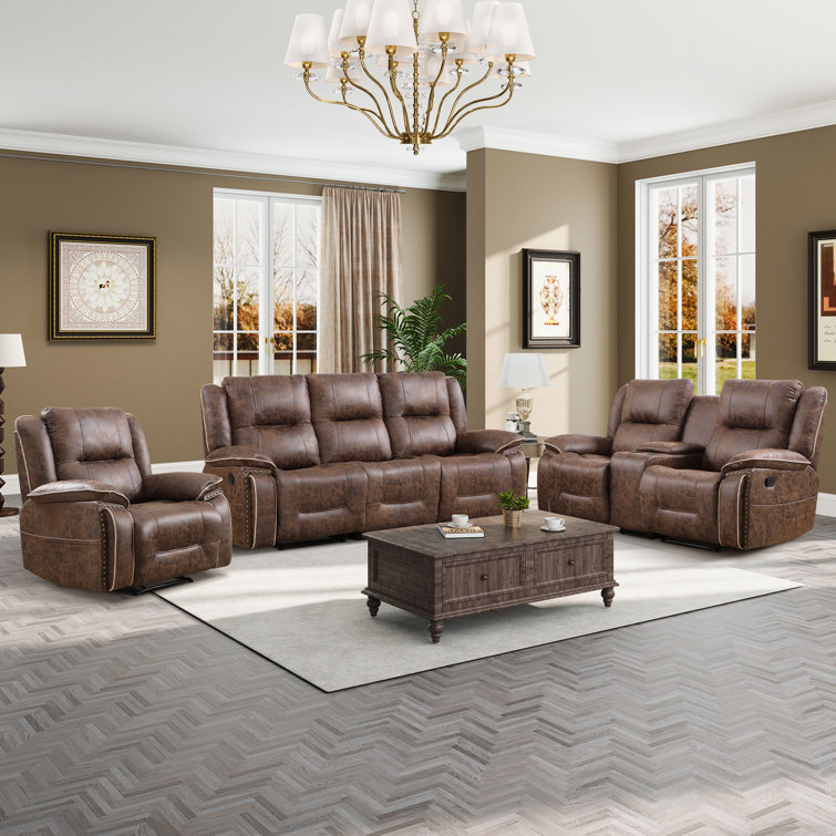 Lark Manor Almyra 3-Piece Vintage Faux Leather Manual Reclining Living ...